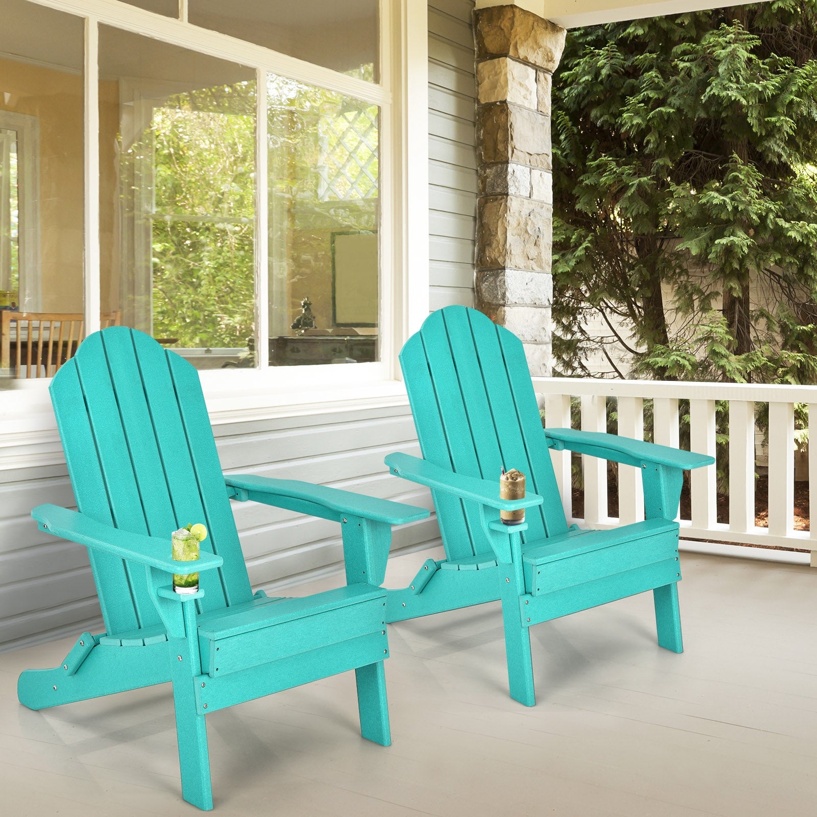 Foldable Weather Resistant Patio Chair with Built-in Cup Holder-Turquoise 