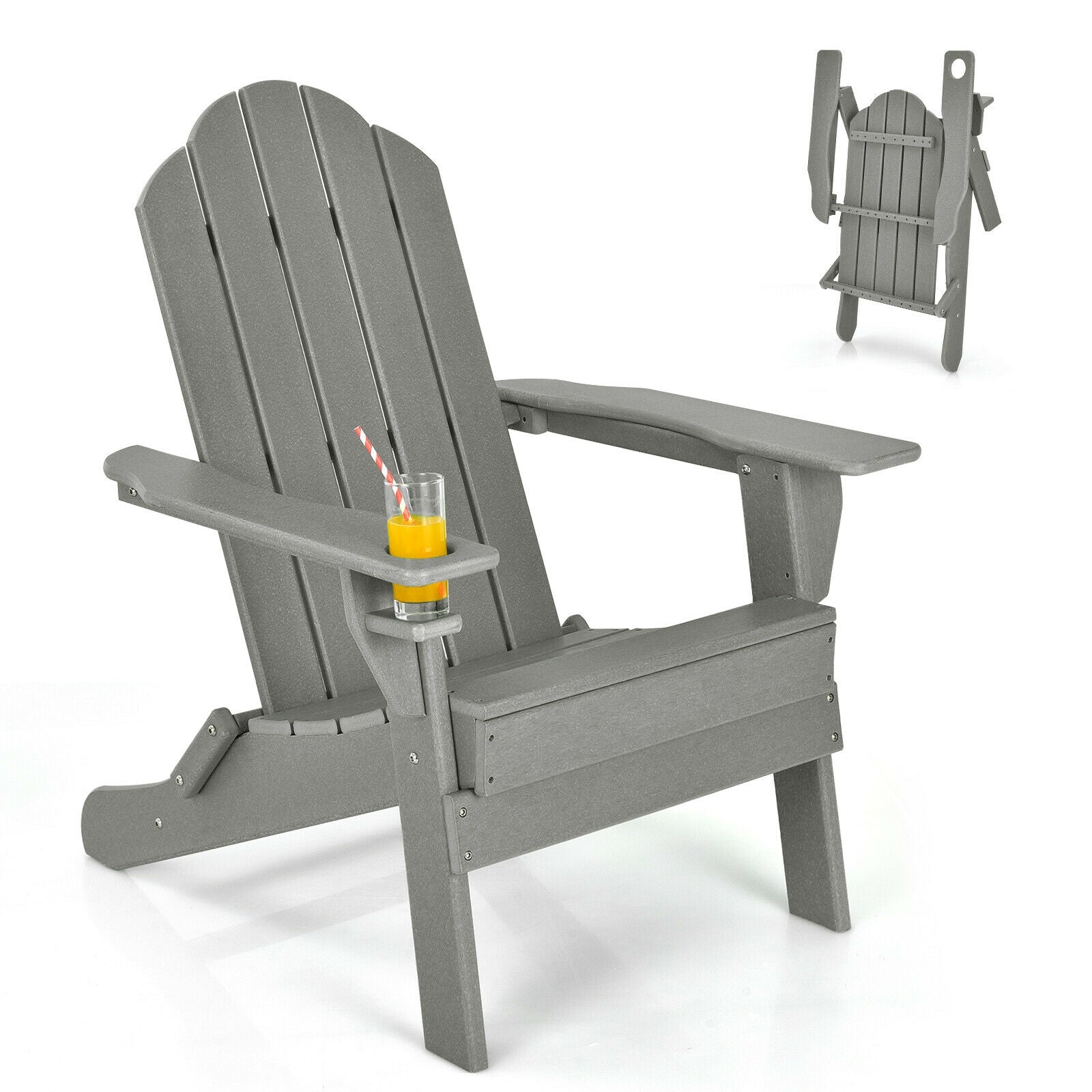 Foldable Weather Resistant Patio Chair with Built-in Cup Holder-Gray