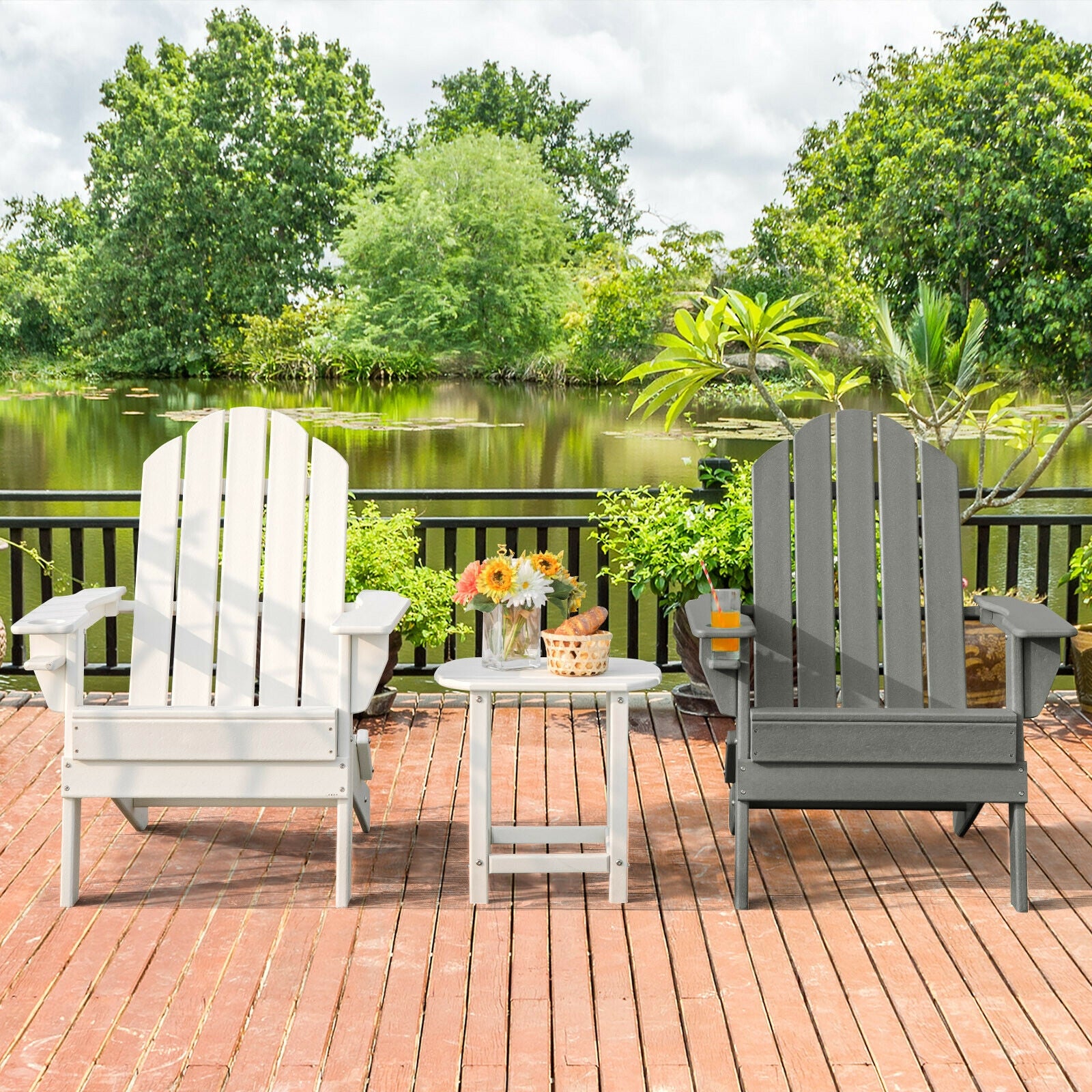 Foldable Weather Resistant Patio Chair with Built-in Cup Holder-Gray 