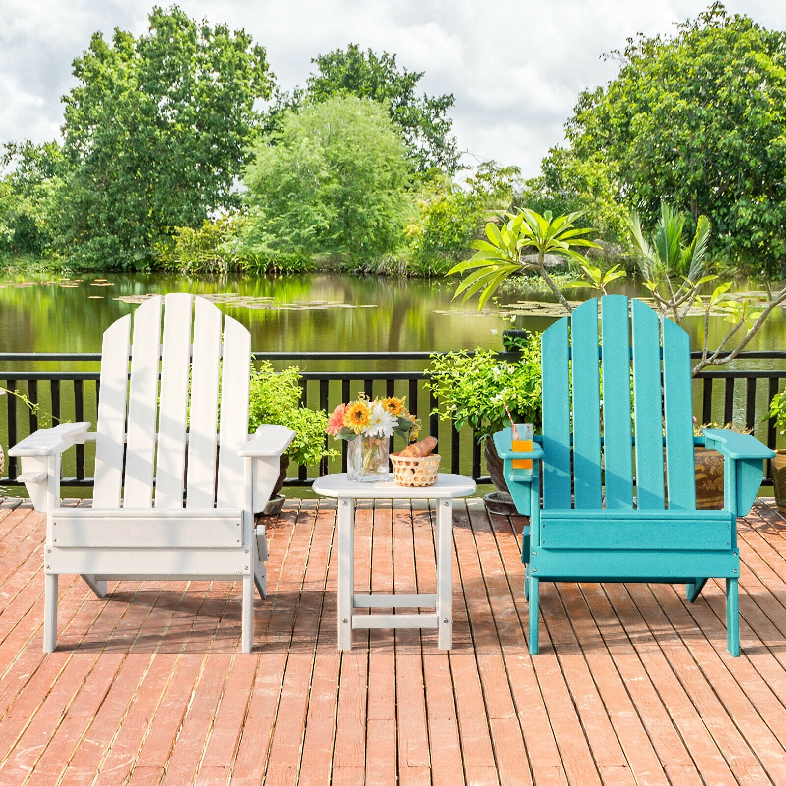 Foldable Weather Resistant Patio Chair with Built-in Cup Holder-White 