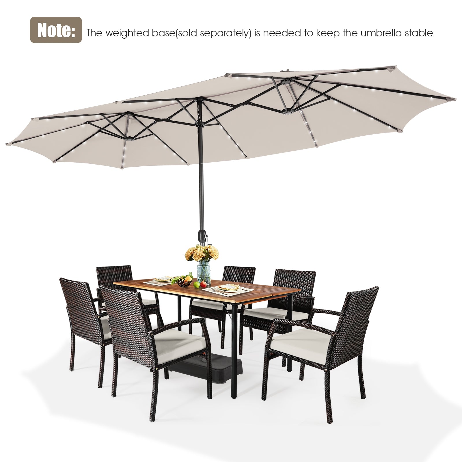 15 Feet Twin Patio Umbrella with 48 Solar LED Lights-Beige