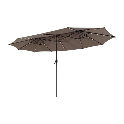 15 Feet Twin Patio Umbrella with 48 Solar LED Lights-Coffee 