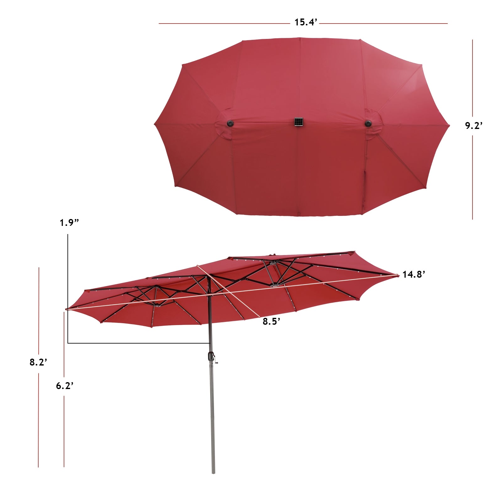 15 Feet Twin Patio Umbrella with 48 Solar LED Lights-Wine