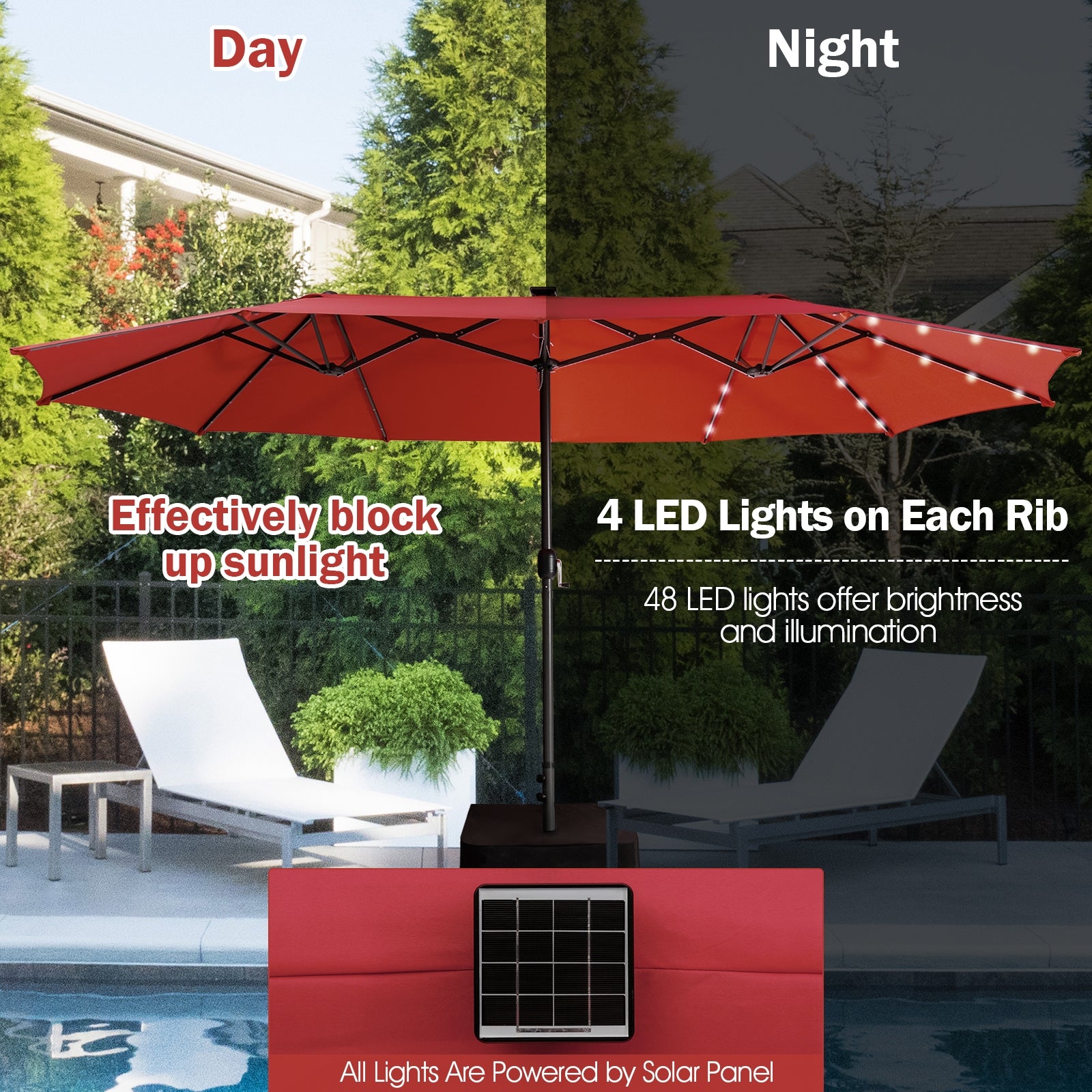 15 Feet Twin Patio Umbrella with 48 Solar LED Lights-Wine