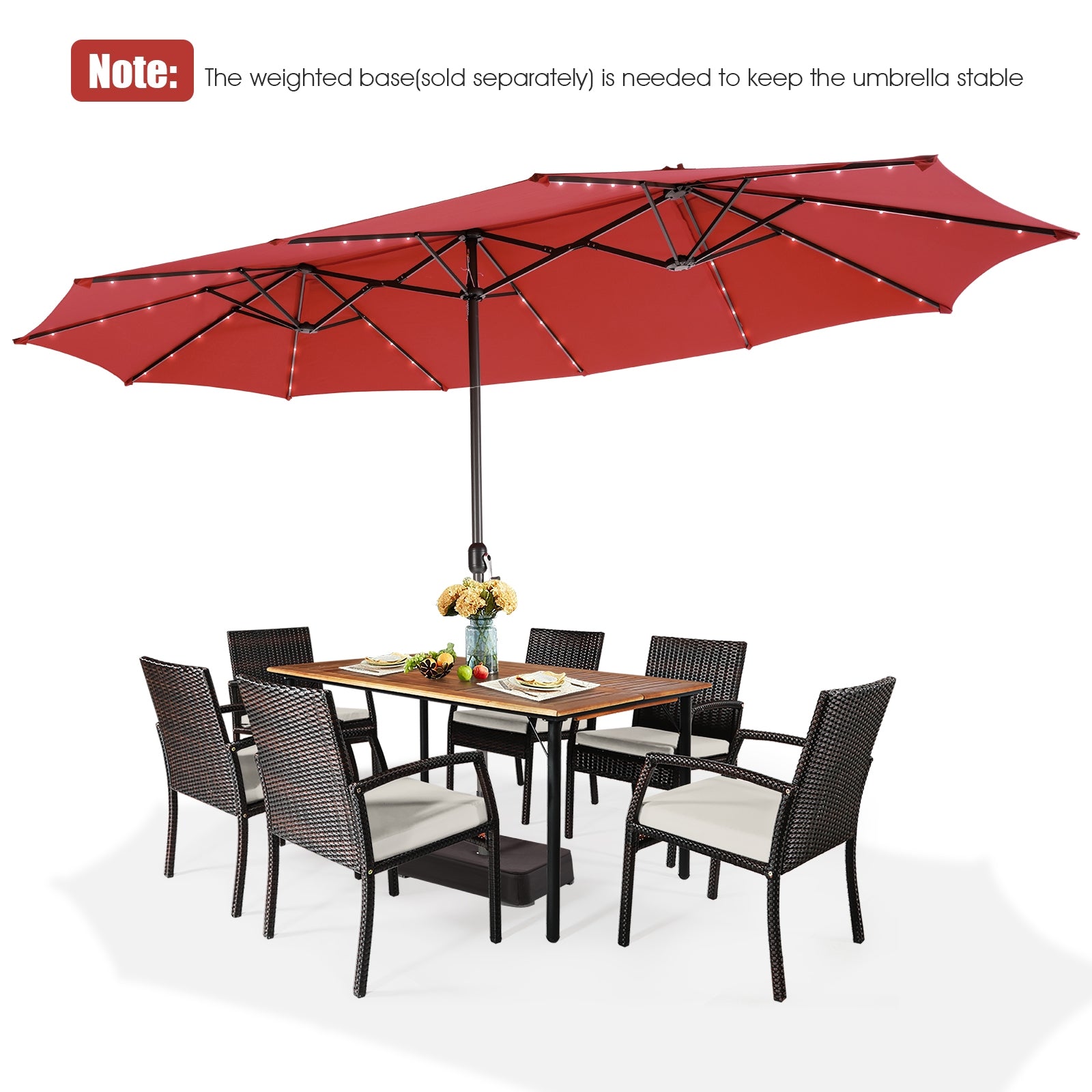 15 Feet Twin Patio Umbrella with 48 Solar LED Lights-Wine