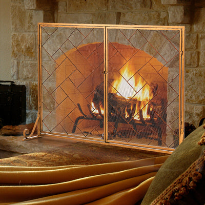 3-Panel Folding Wrought Iron Fireplace Screen with Doors and 4 Pieces Tools Set-Golden 