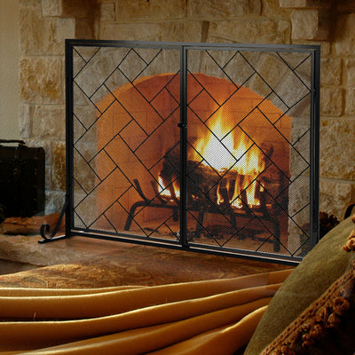 3-Panel Folding Wrought Iron Fireplace Screen with Doors and 4 Pieces Tools Set-Black 