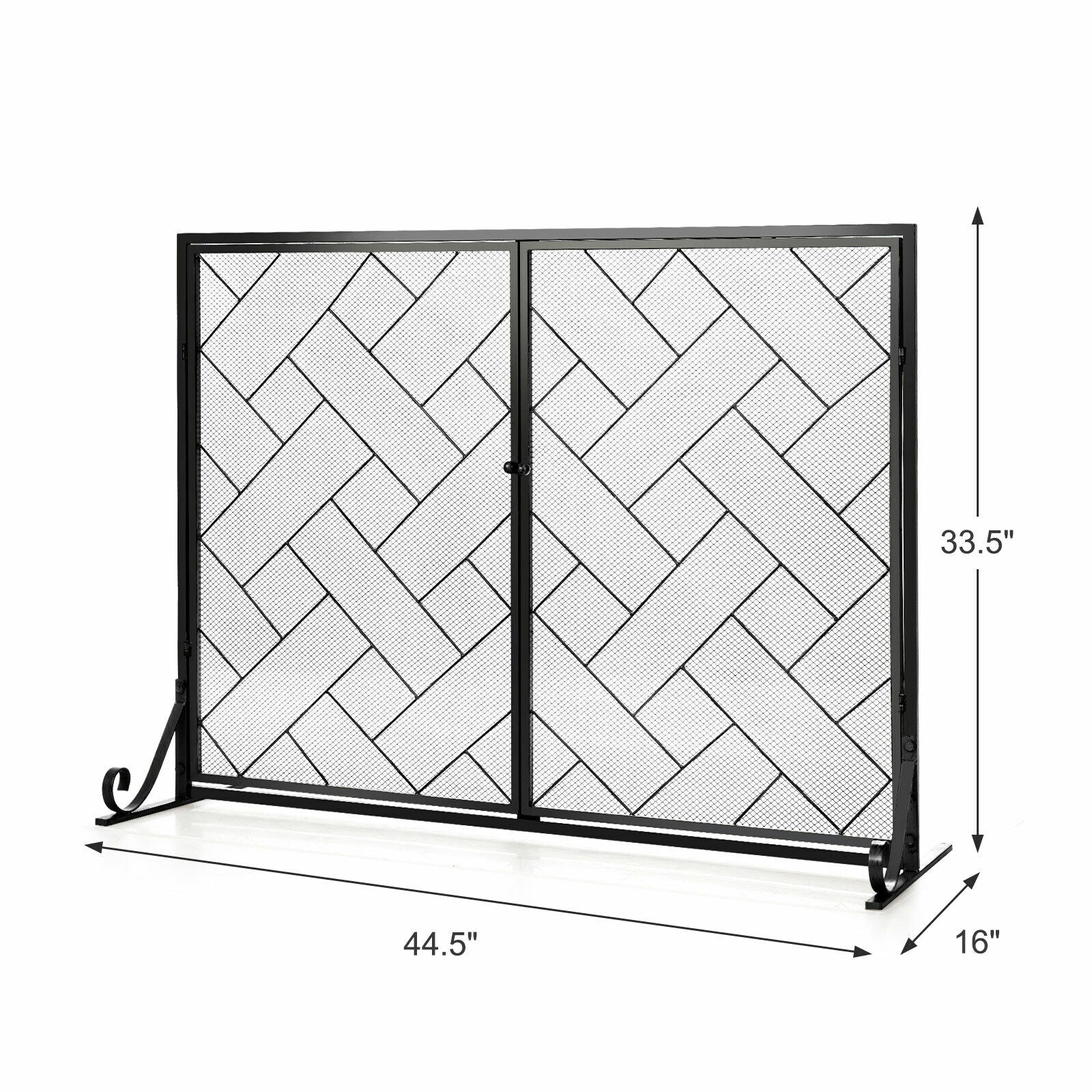 3-Panel Folding Wrought Iron Fireplace Screen with Doors and 4 Pieces Tools Set-Black