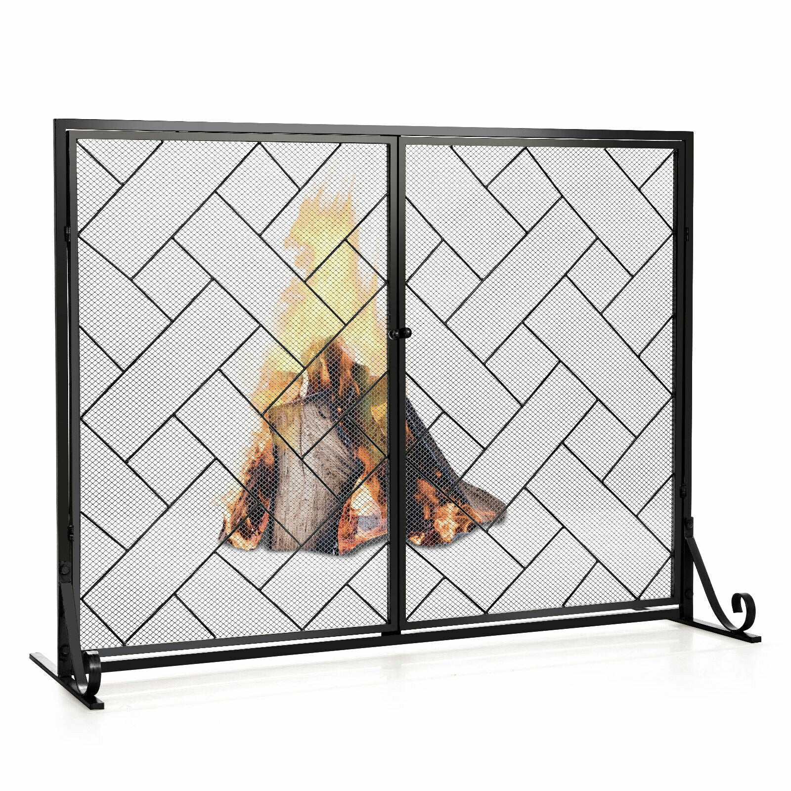 3-Panel Folding Wrought Iron Fireplace Screen with Doors and 4 Pieces Tools Set-Black