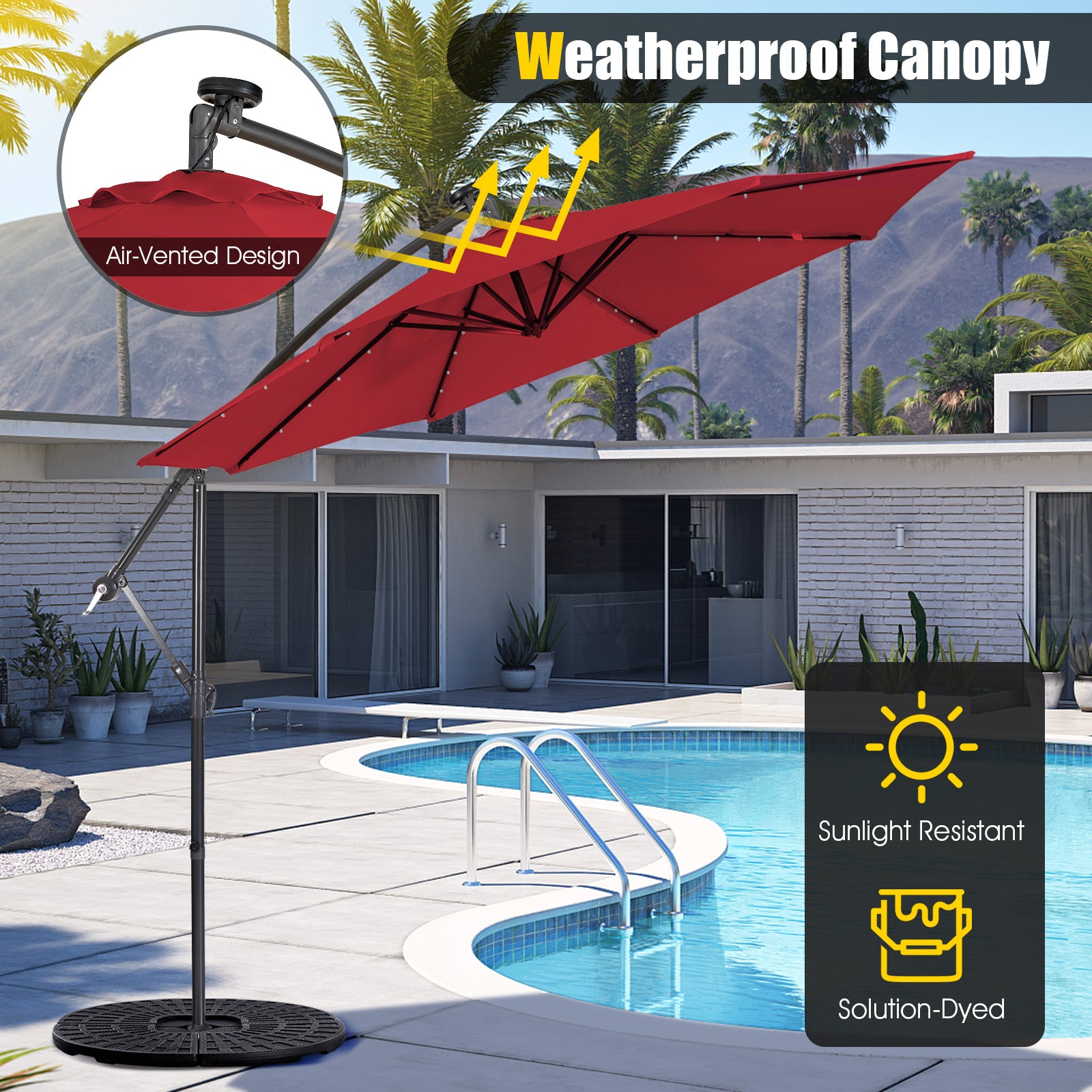 10 Feet Patio Solar Powered Cantilever Umbrella with Tilting System-Wine