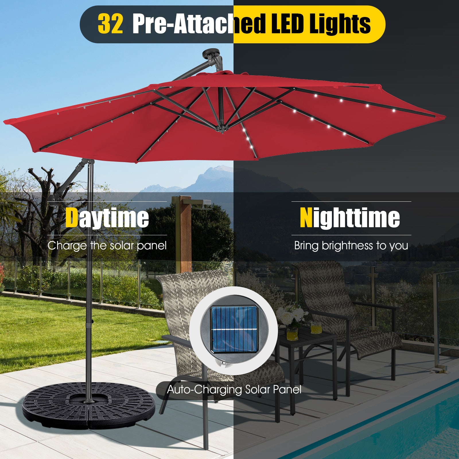 10 Feet Patio Solar Powered Cantilever Umbrella with Tilting System-Wine