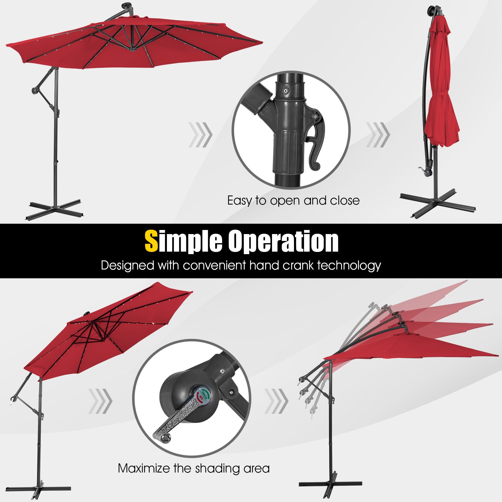 10 Feet Patio Solar Powered Cantilever Umbrella with Tilting System-Wine