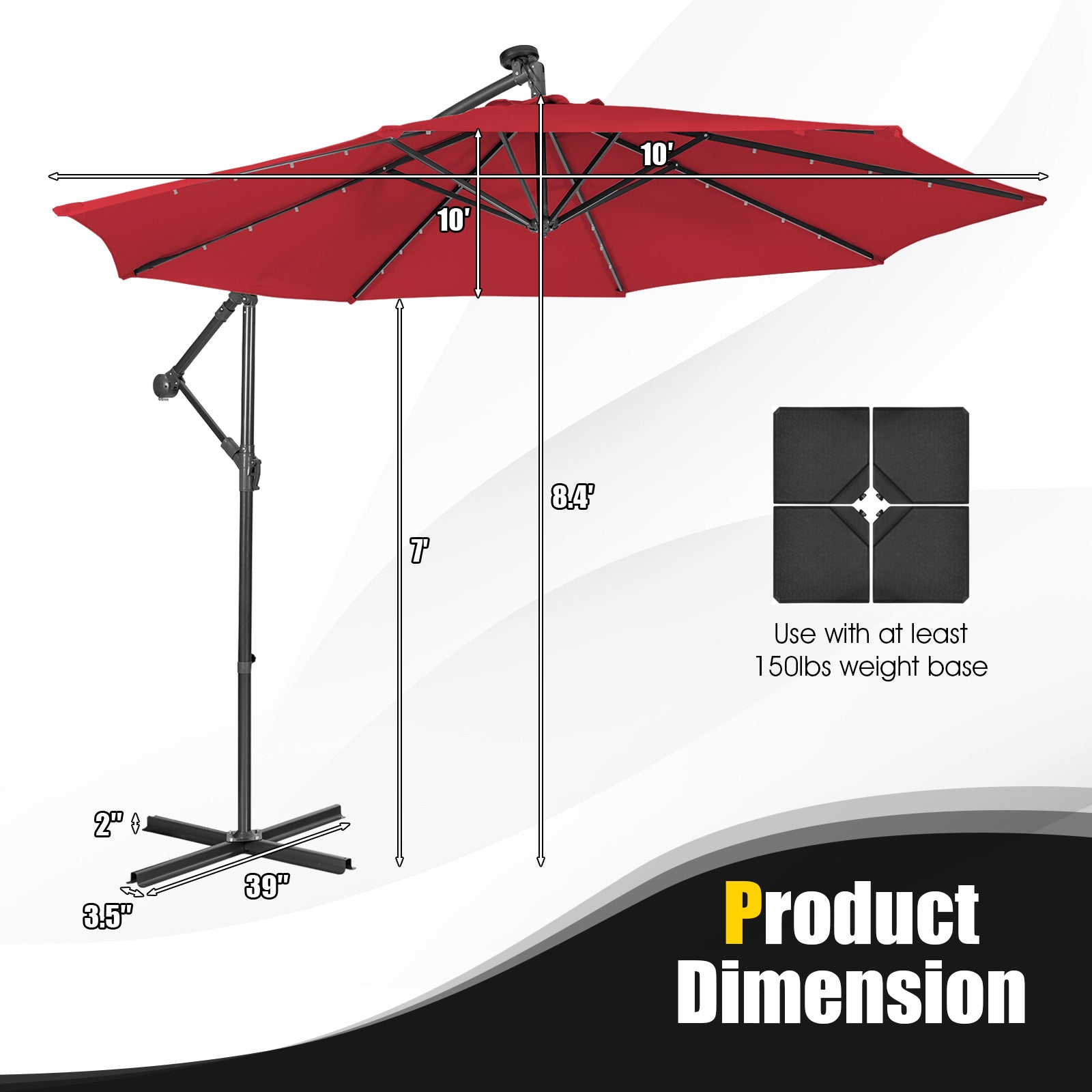 10 Feet Patio Solar Powered Cantilever Umbrella with Tilting System-Wine