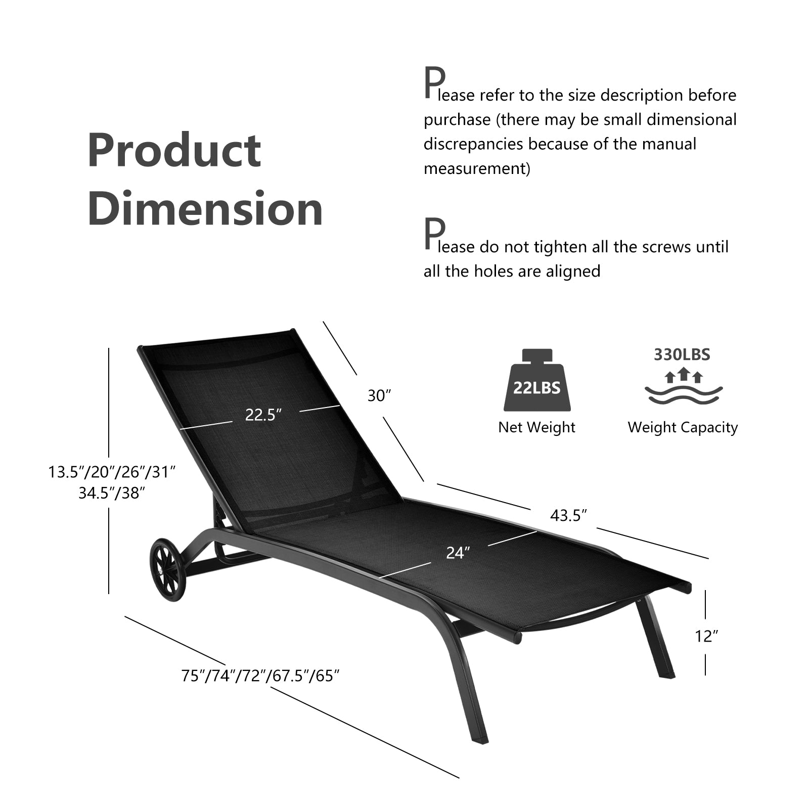 6-Poisition Adjustable Outdoor Chaise Recliner with Wheels-Black