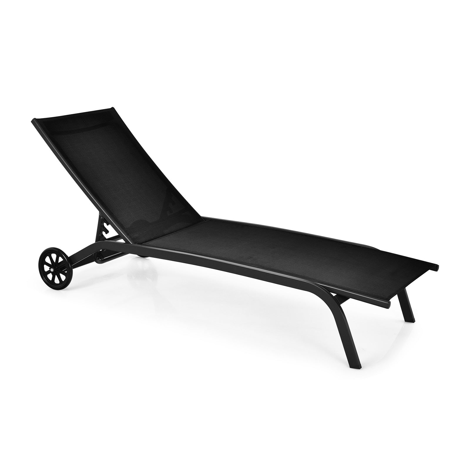 6-Poisition Adjustable Outdoor Chaise Recliner with Wheels-Black 