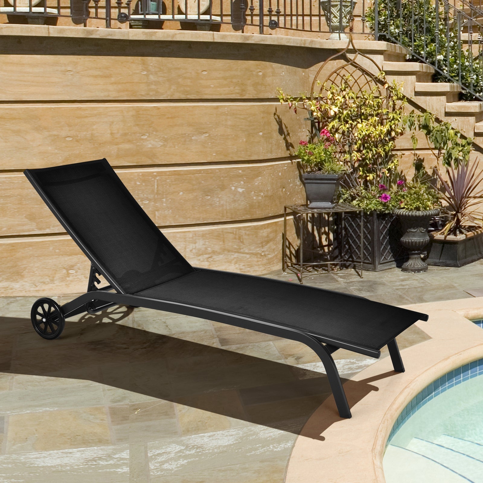 6-Poisition Adjustable Outdoor Chaise Recliner with Wheels-Black 