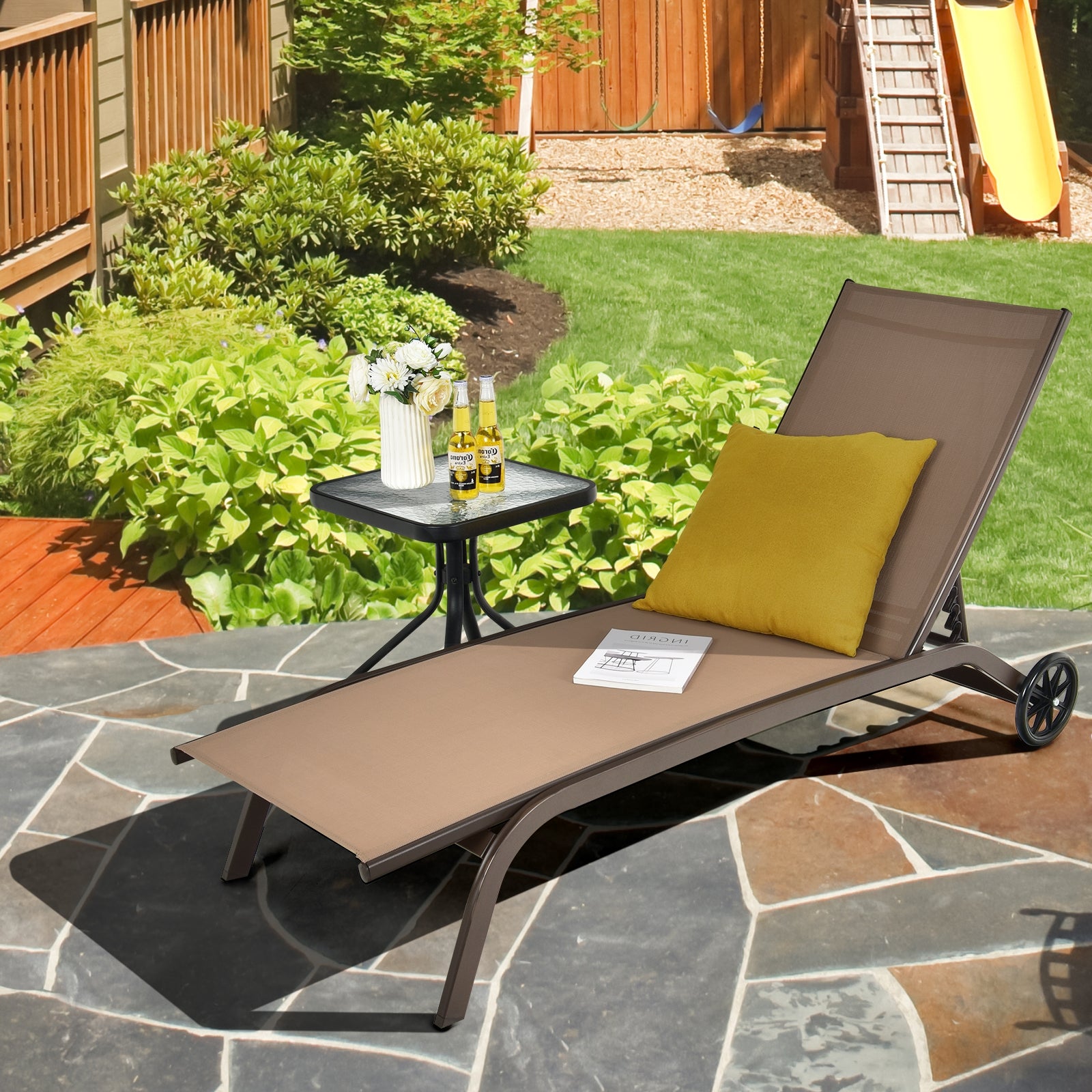 6-Poisition Adjustable Outdoor Chaise Recliner with Wheels-Brown 