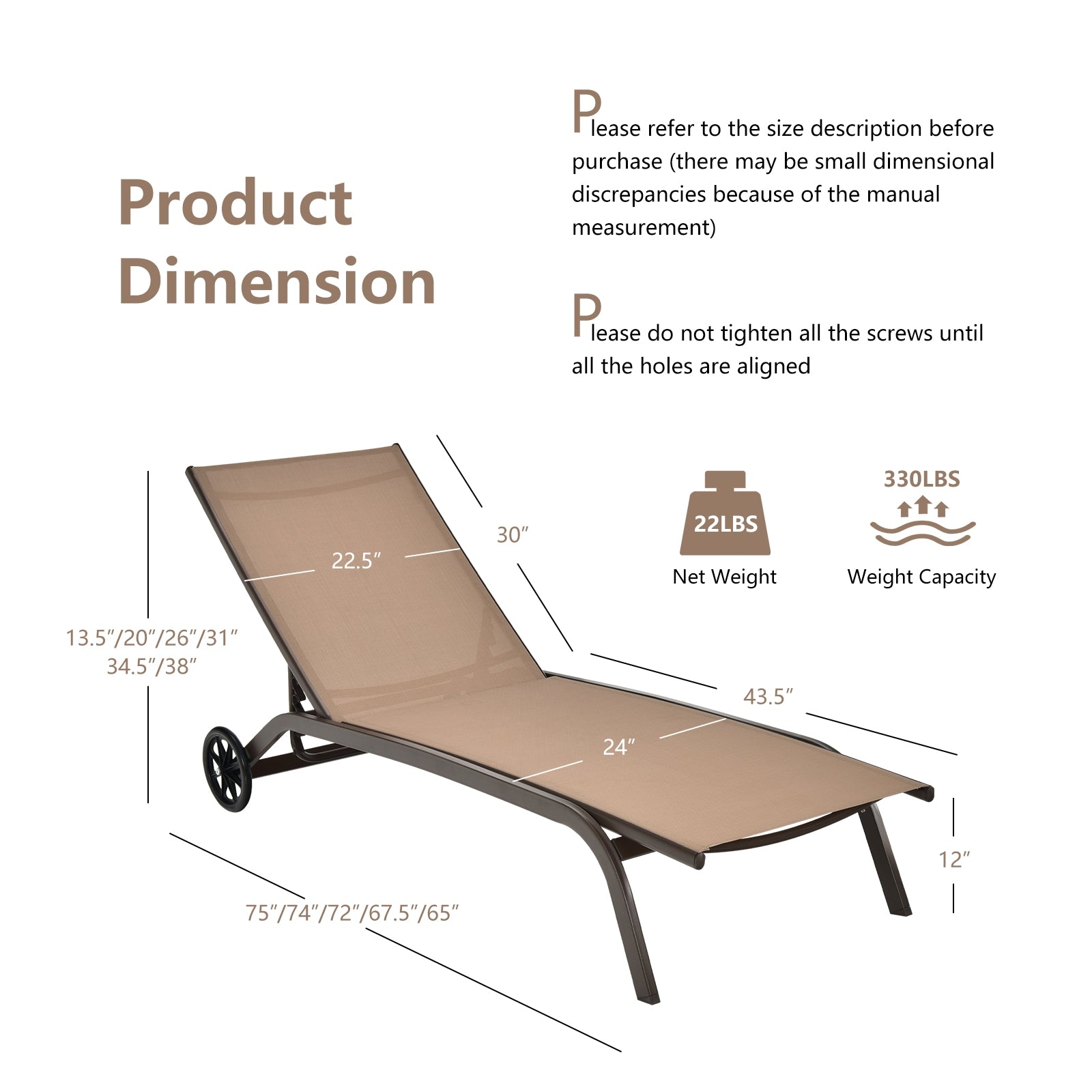 6-Poisition Adjustable Outdoor Chaise Recliner with Wheels-Brown