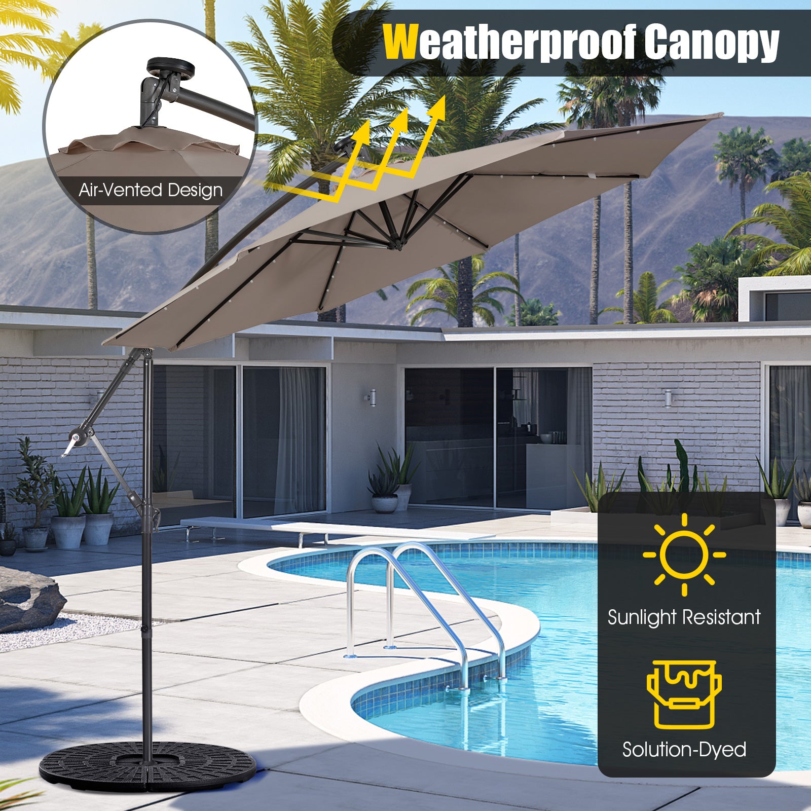 10 Feet Patio Solar Powered Cantilever Umbrella with Tilting System-Coffee