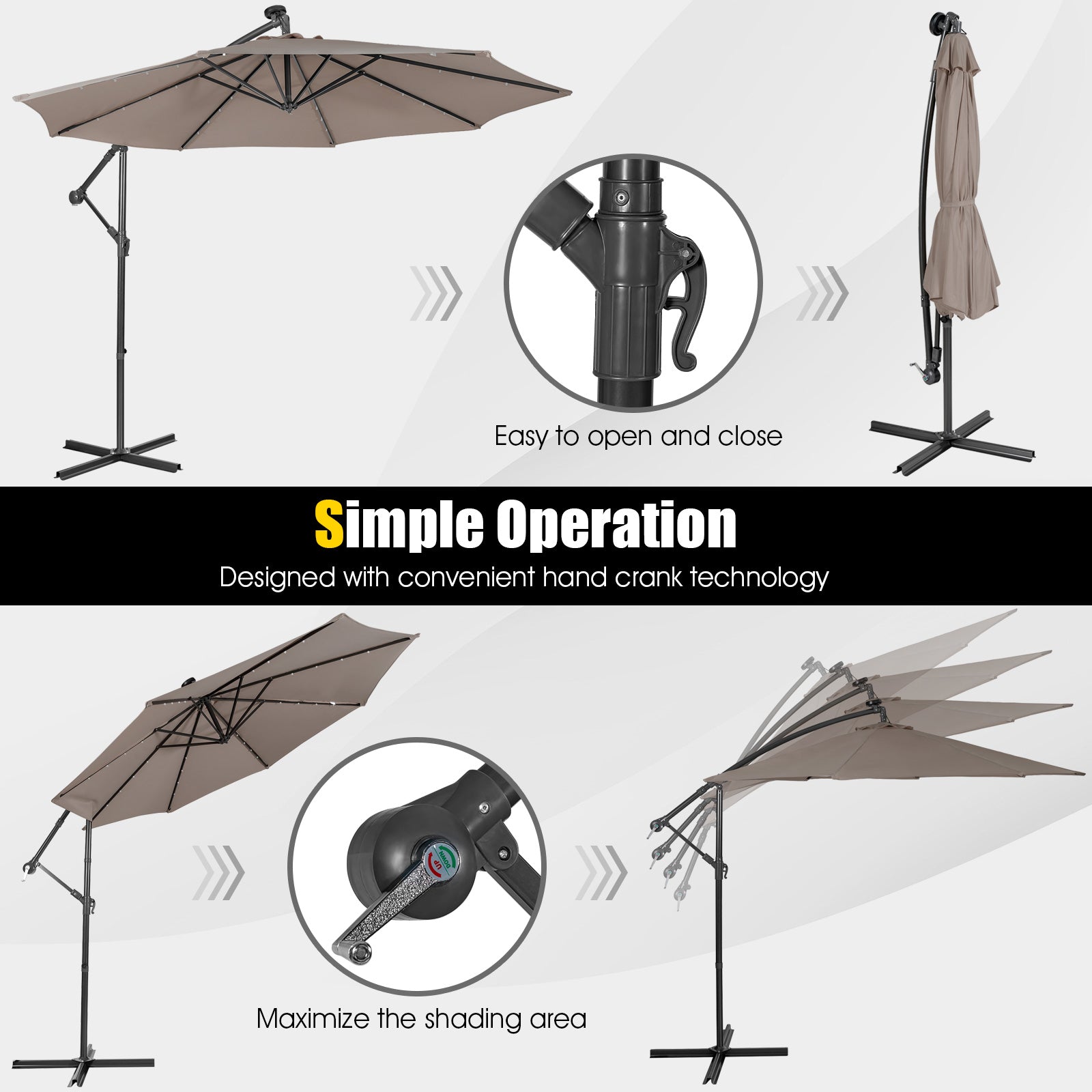 10 Feet Patio Solar Powered Cantilever Umbrella with Tilting System-Coffee