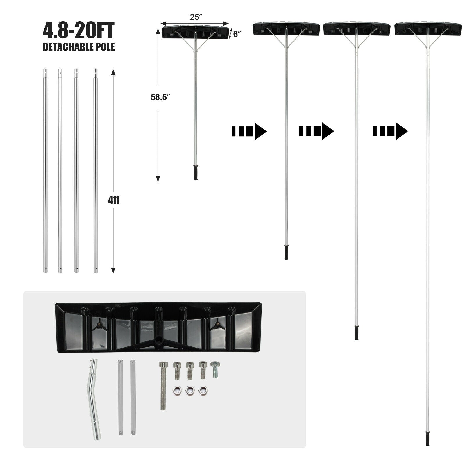 20 Feet Extendable Aluminum Snow Roof Rake with Anti-slip Handle