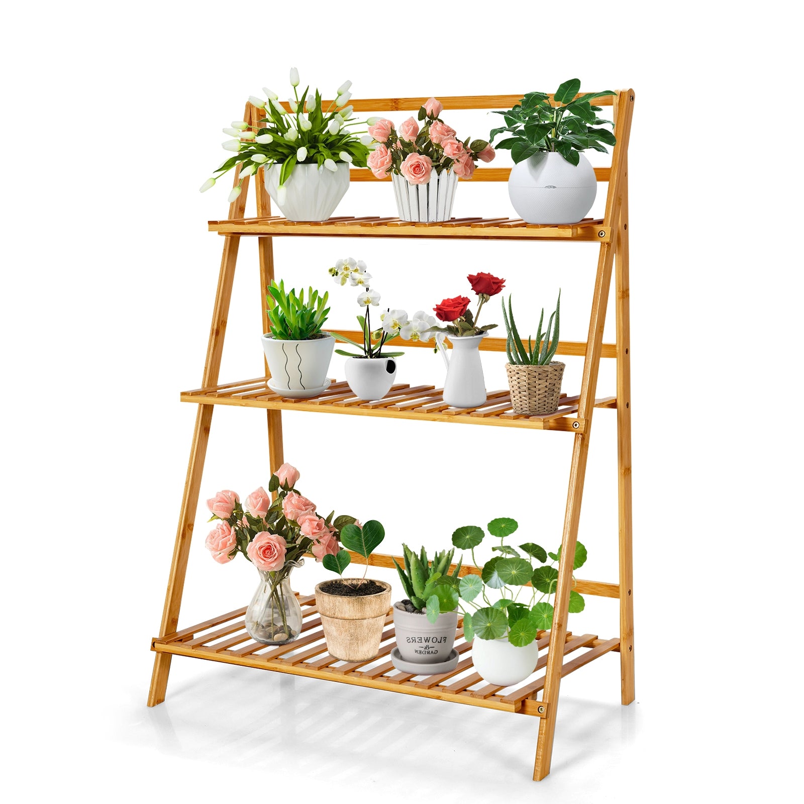 3-Tier Bamboo Foldable Plant Stand with Display Shelf Rack