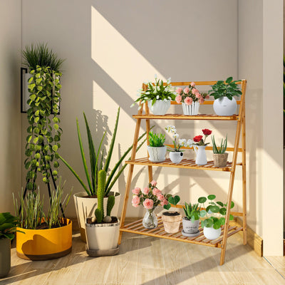 3-Tier Bamboo Foldable Plant Stand with Display Shelf Rack 