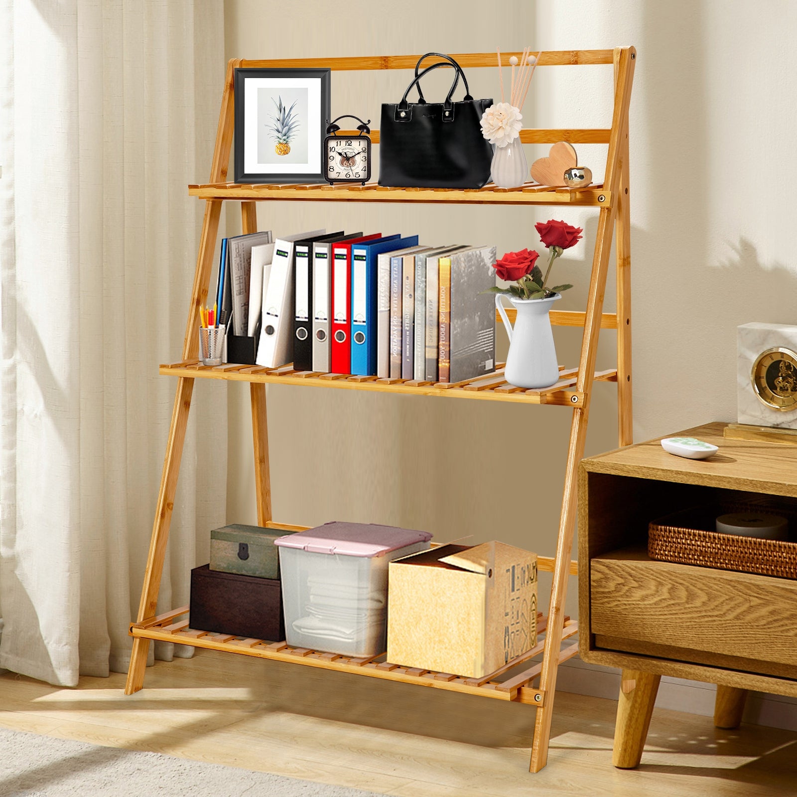 3-Tier Bamboo Foldable Plant Stand with Display Shelf Rack