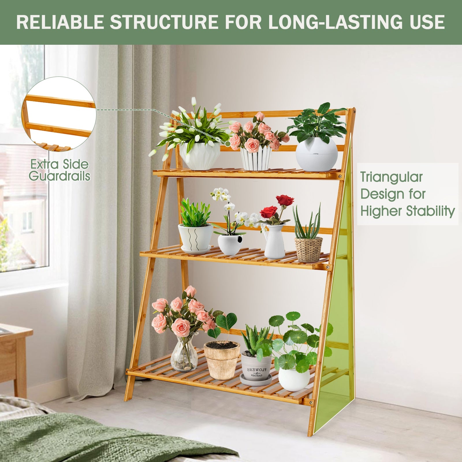 3-Tier Bamboo Foldable Plant Stand with Display Shelf Rack