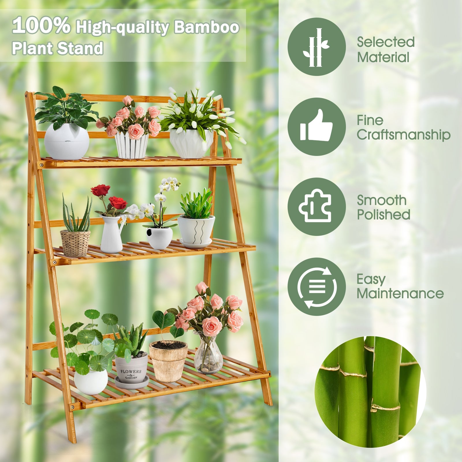 3-Tier Bamboo Foldable Plant Stand with Display Shelf Rack