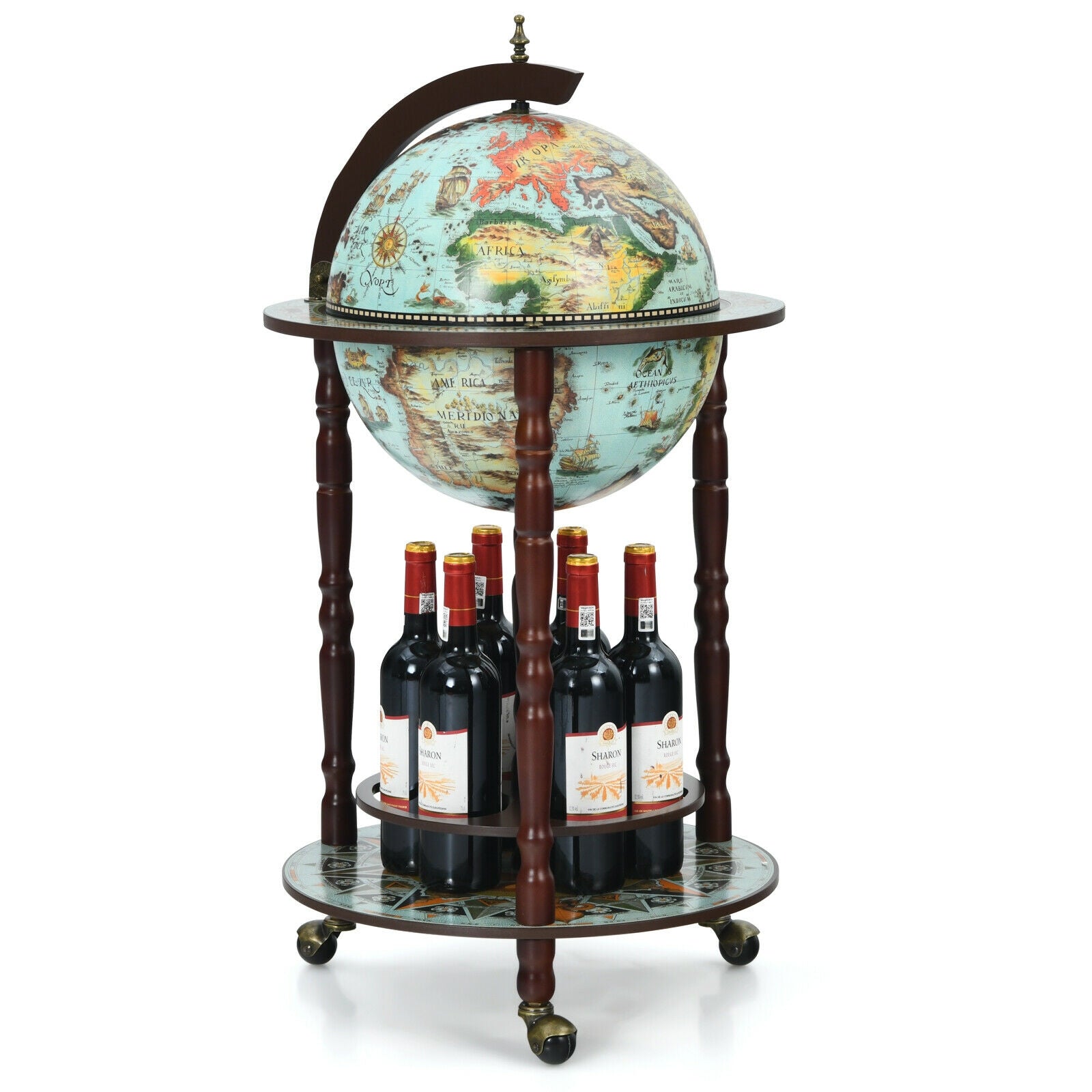 17 Inch Globe Wine Bar Stand 16th Century Italian Map Liquor Bottle Shelf Cart