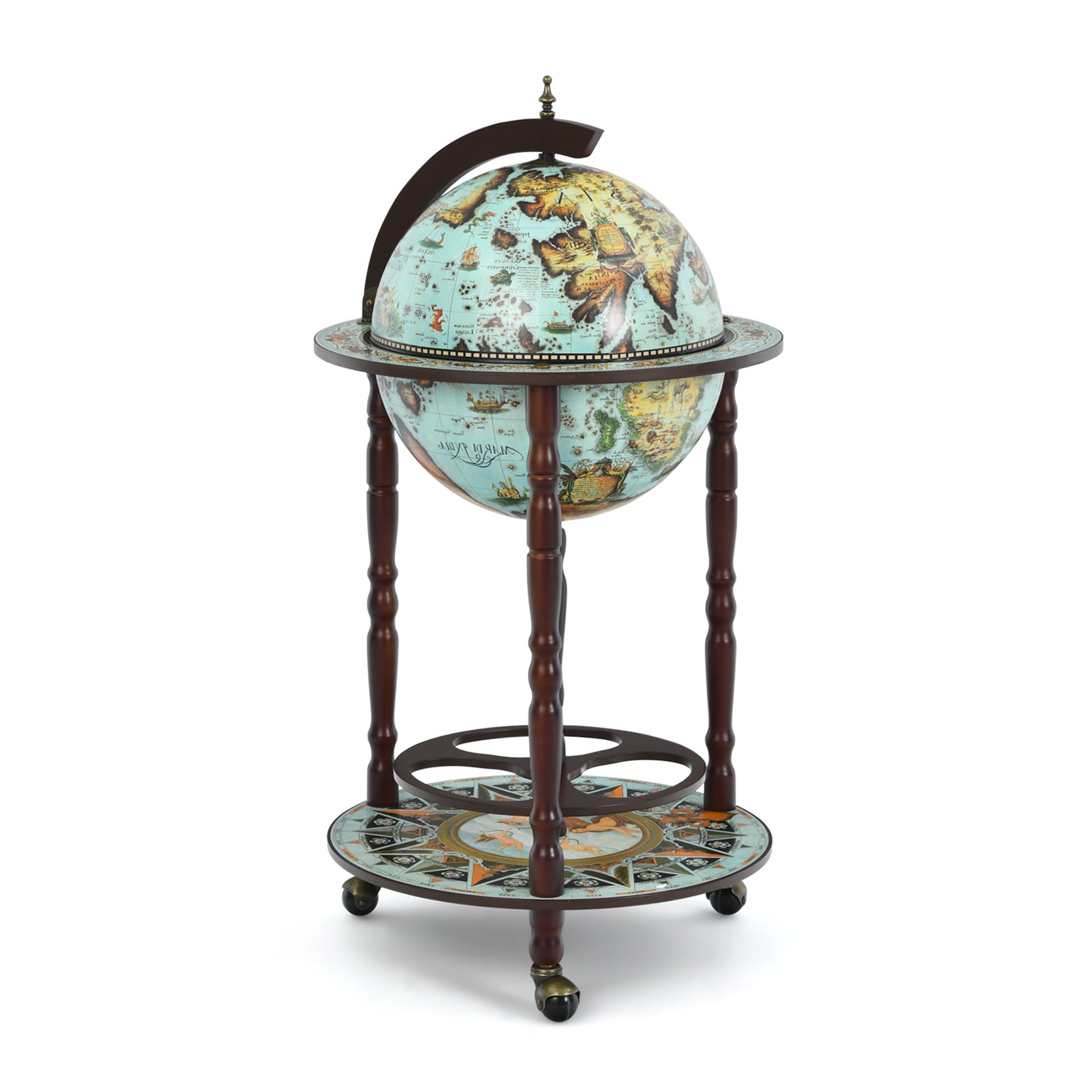 17 Inch Globe Wine Bar Stand 16th Century Italian Map Liquor Bottle Shelf Cart 