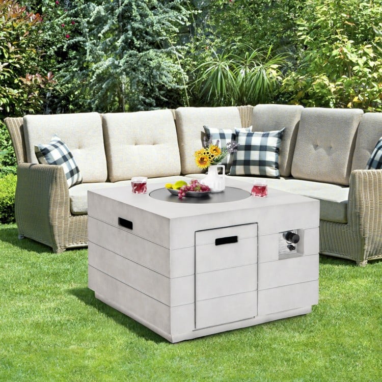 34 Inch Square Concrete Propane Fire Pit Table with Lava Rocks and Cover 50,000 BTU