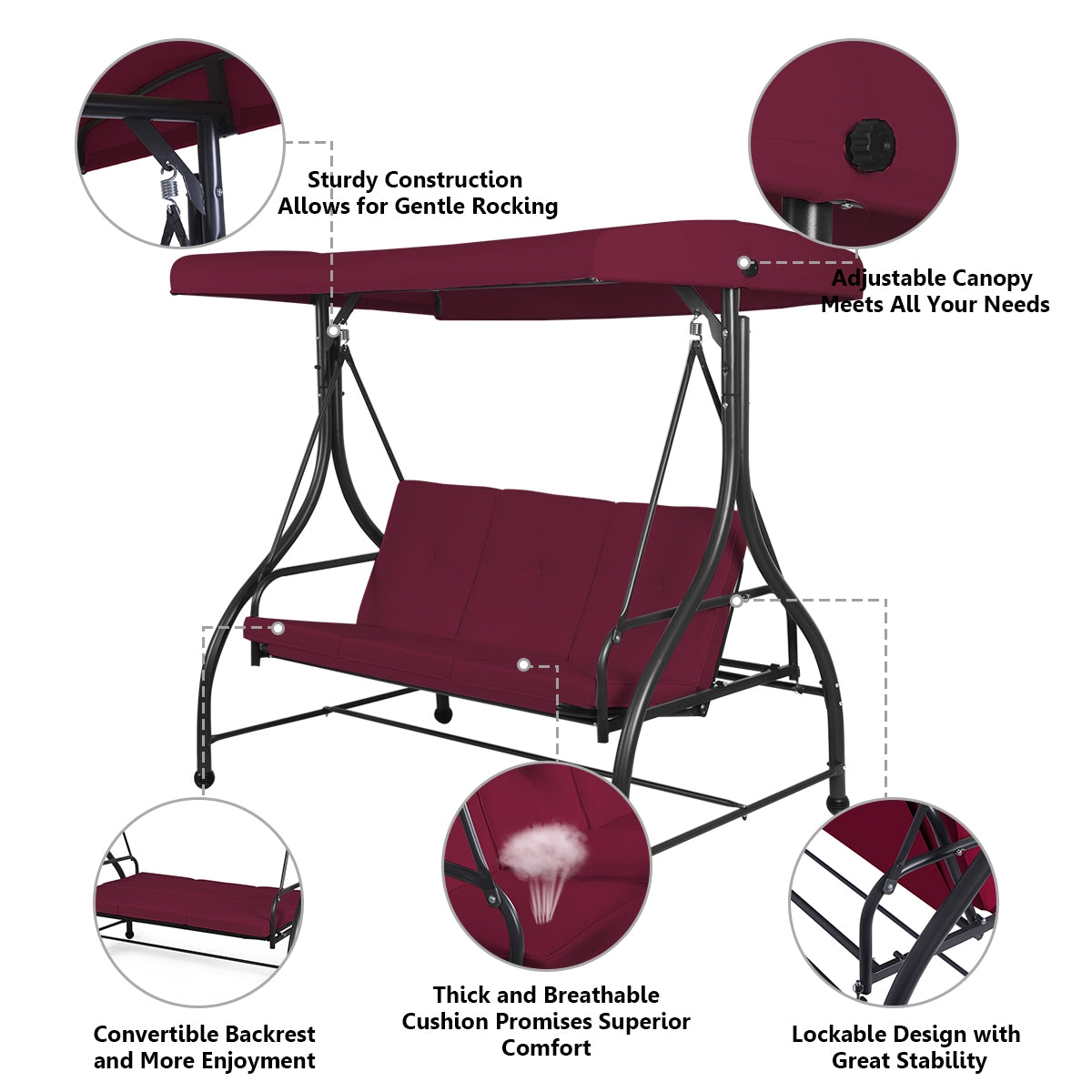 3 Seats Converting Outdoor Swing Canopy Hammock with Adjustable Tilt Canopy-WineÂ 