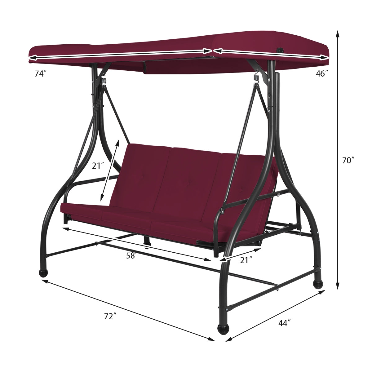 3 Seats Converting Outdoor Swing Canopy Hammock with Adjustable Tilt Canopy-WineÂ 