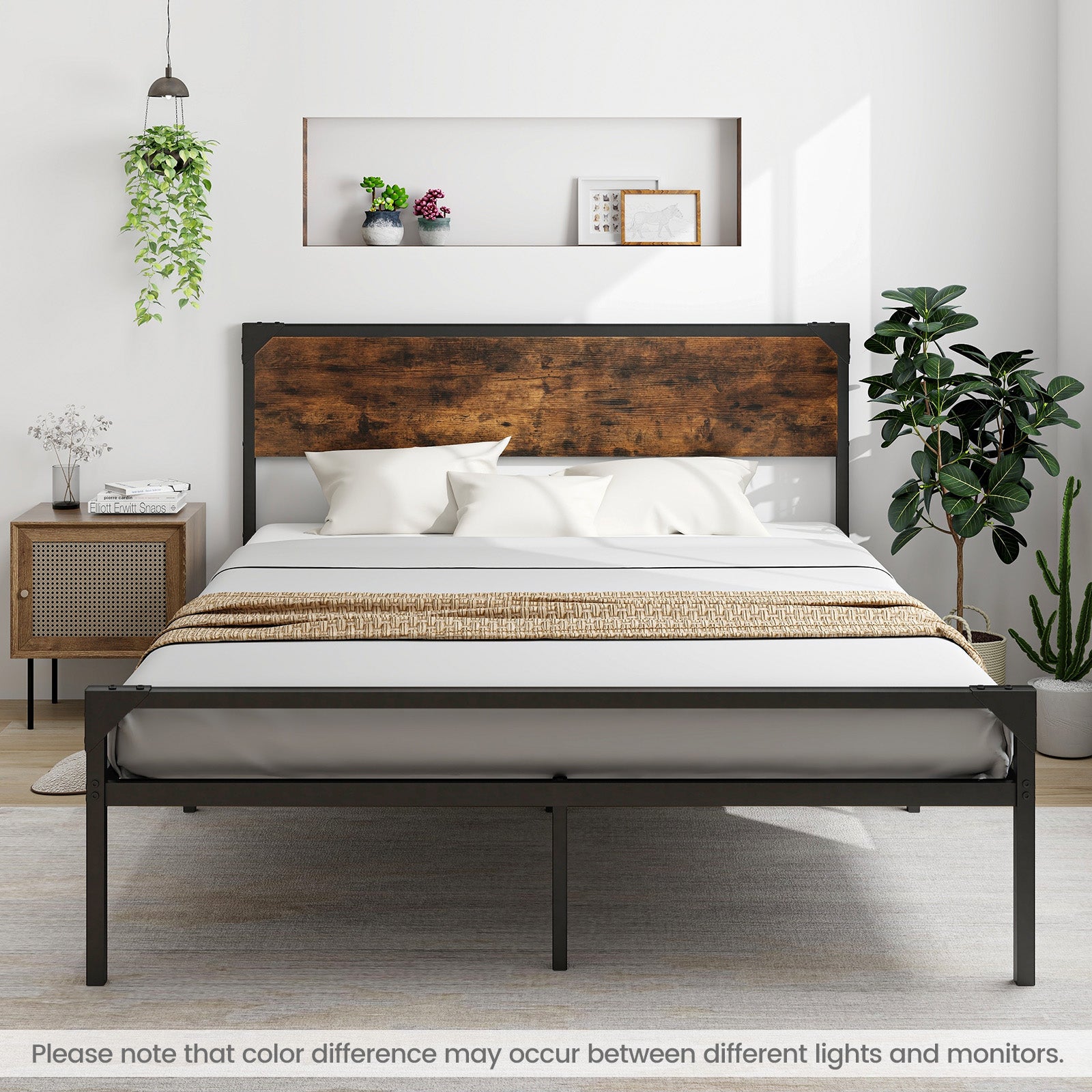 Platform Full/Queen Bed with Rustic Headboard and Footboard-Queen Size