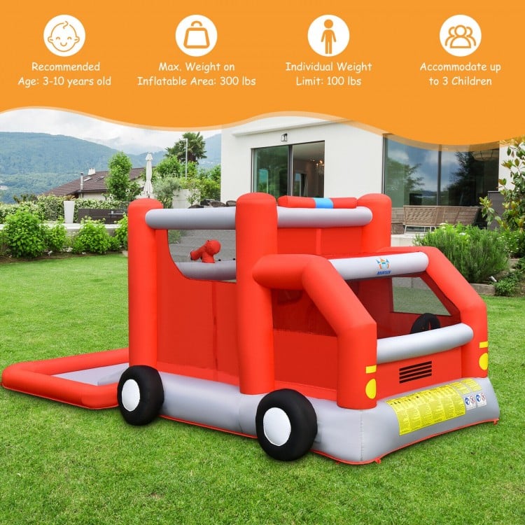 Fire Truck Themed Inflatable Castle Water Park Kids Bounce House with 480W Blower