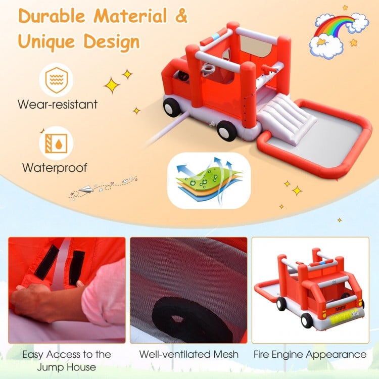 Fire Truck Themed Inflatable Castle Water Park Kids Bounce House with 480W Blower