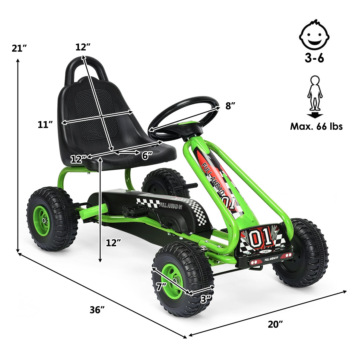 4 Wheel Pedal Powered Ride On with Adjustable Seat-Green