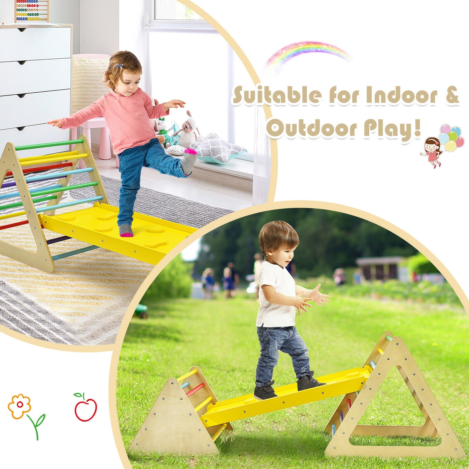 3 in 1 Wooden Set of 2 Triangle Climber with Ramp for Slid