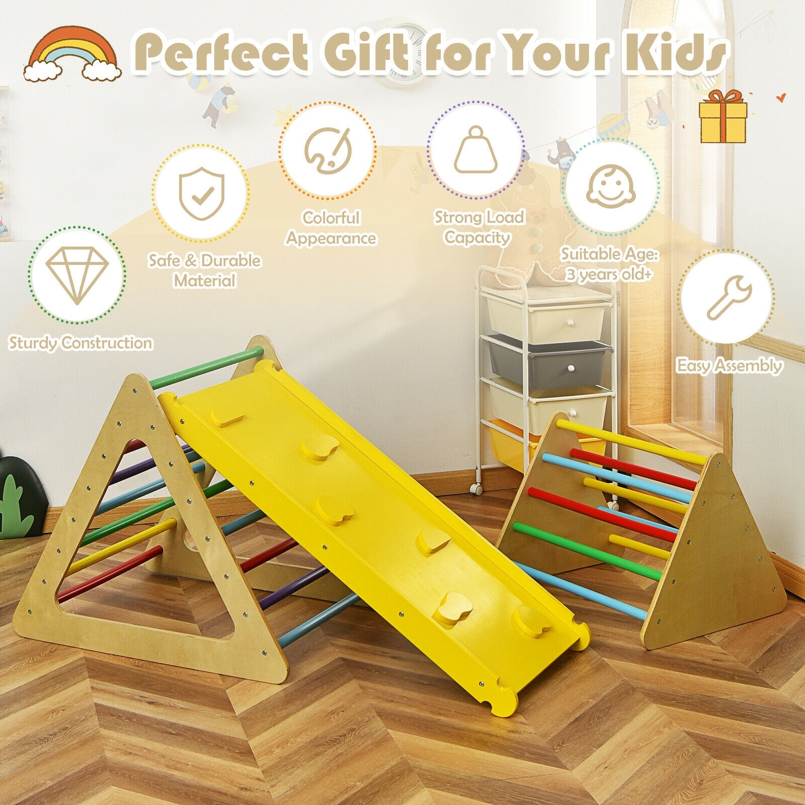 3 in 1 Wooden Set of 2 Triangle Climber with Ramp for Slid