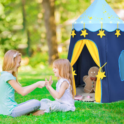 Indoor Outdoor Kids Foldable Pop-Up Play Tent with Star Lights Carry Bag-Blue 