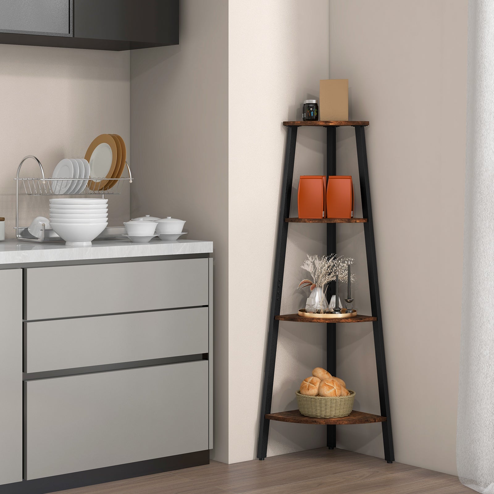 4-Tier Industrial Corner Ladder Shelf Display Rack for Home Office 