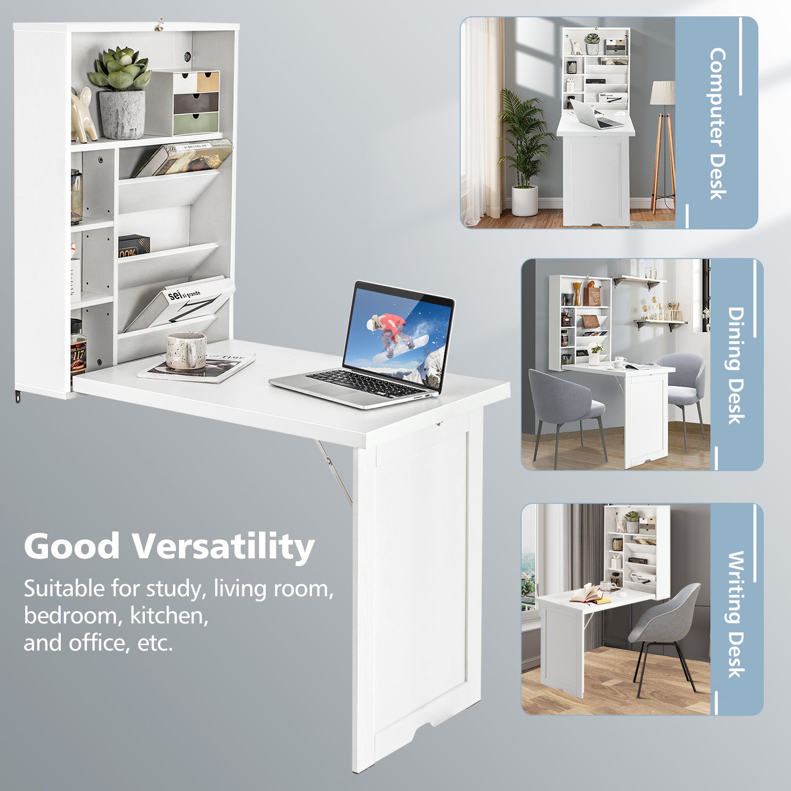 Wall Mounted Fold-Out Convertible Floating Desk Space Saver-White