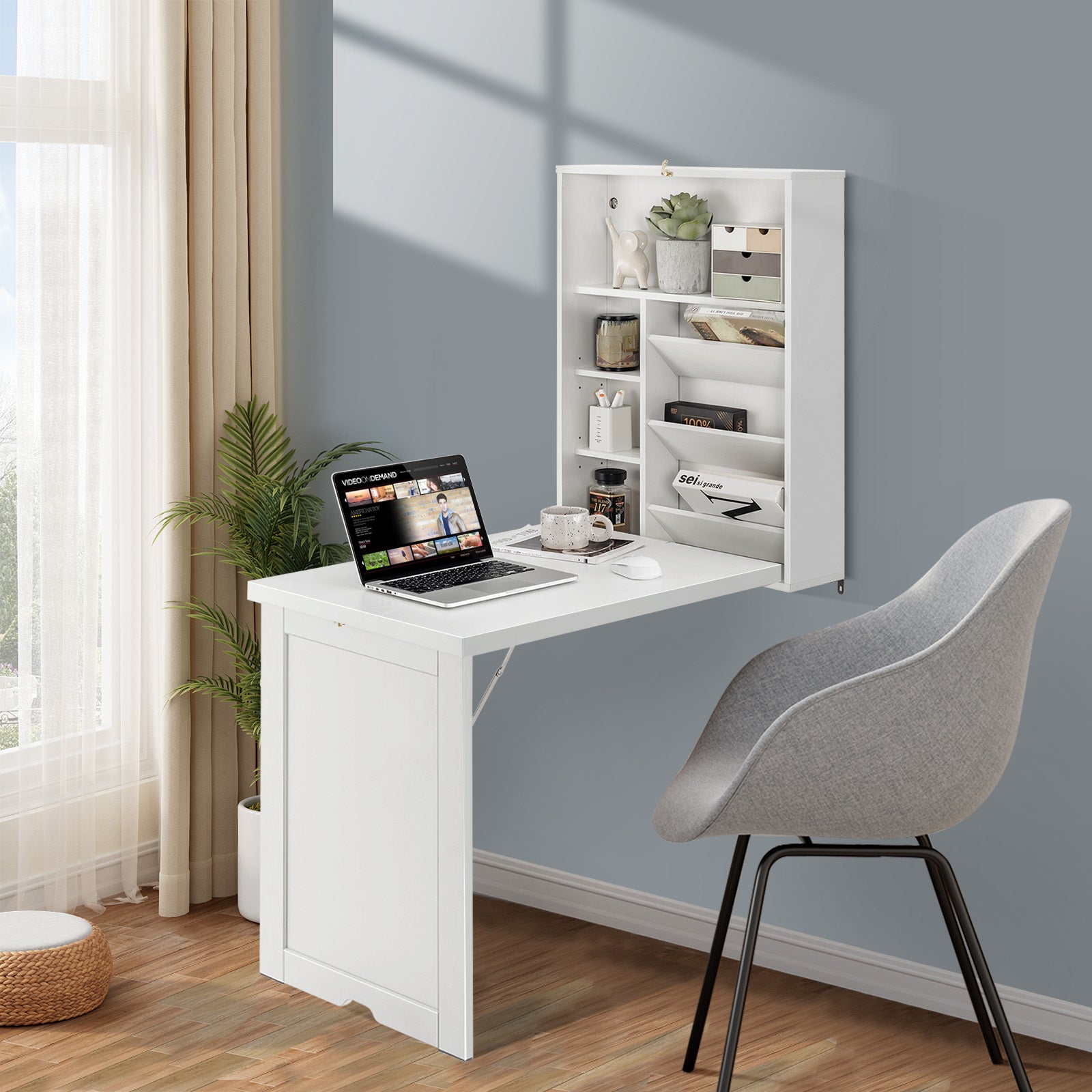 Wall Mounted Fold-Out Convertible Floating Desk Space Saver-WhiteÂ 