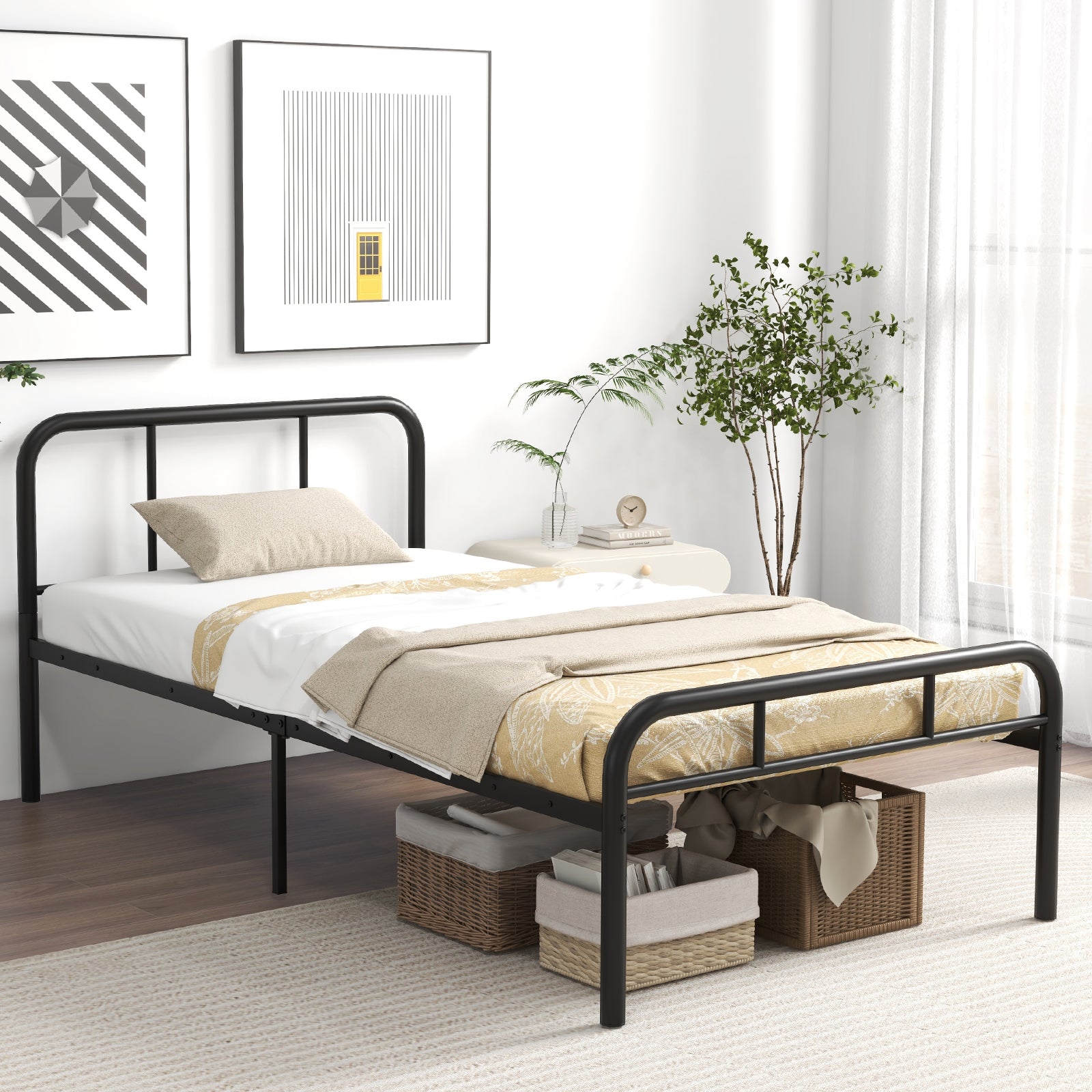 Modern Metal Bed Frame with Curved Headboard and Footboard-Twin Size