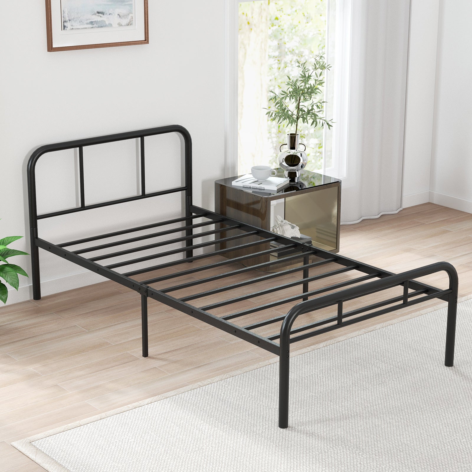 Modern Metal Bed Frame with Curved Headboard and Footboard-Twin Size