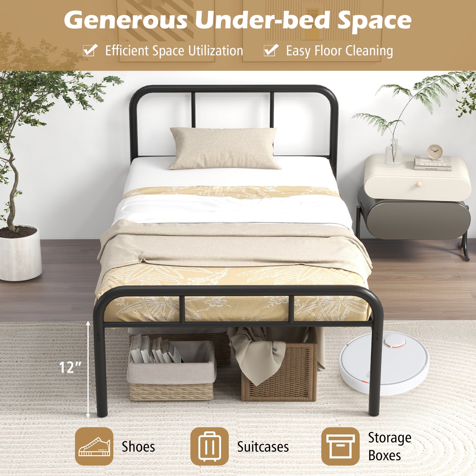 Modern Metal Bed Frame with Curved Headboard and Footboard-Twin Size