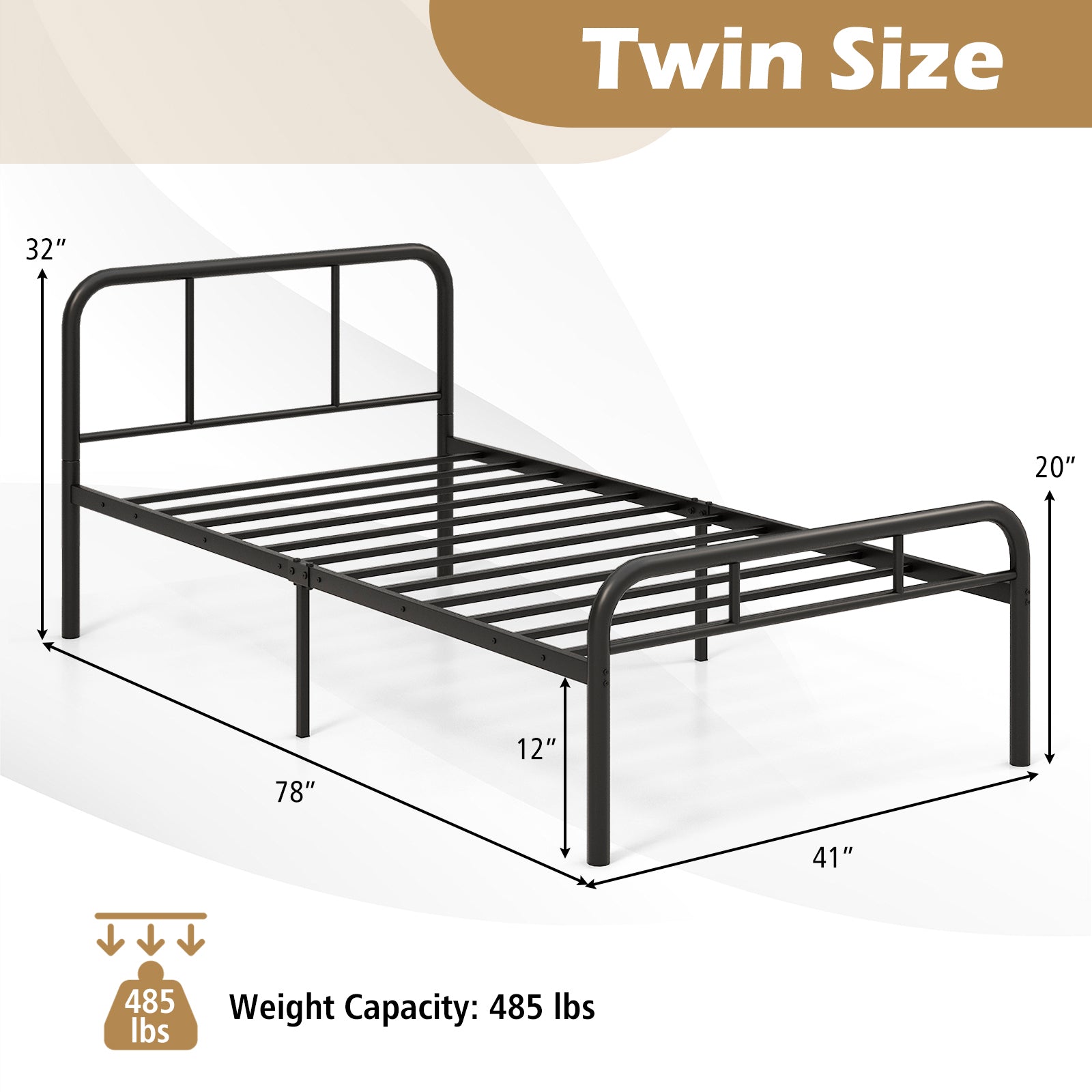 Modern Metal Bed Frame with Curved Headboard and Footboard-Twin Size