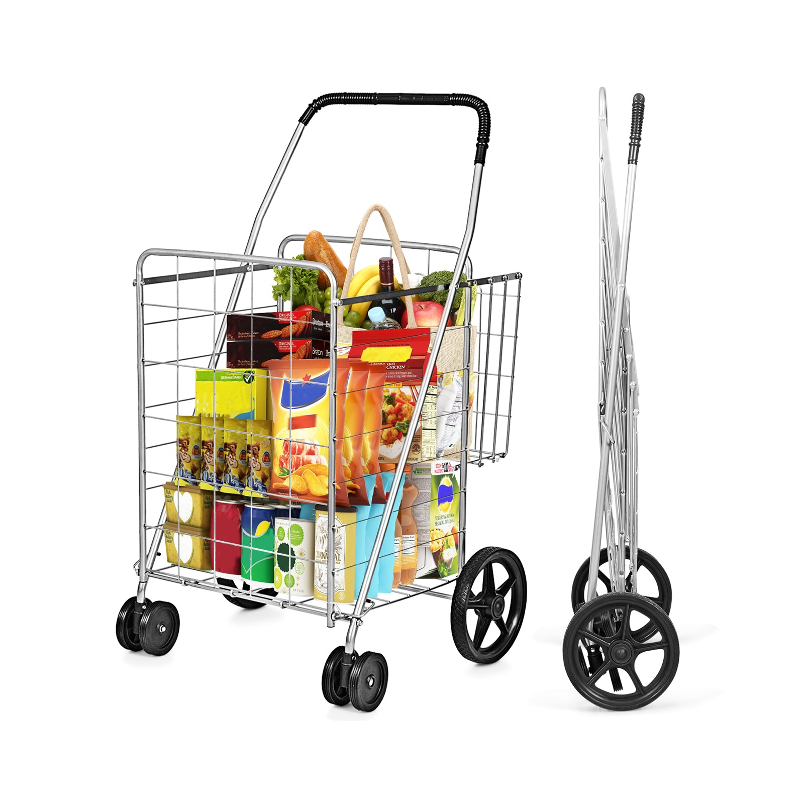 Folding Shopping Cart for Laundry with Swiveling Wheels and Dual Storage Baskets-Sliver